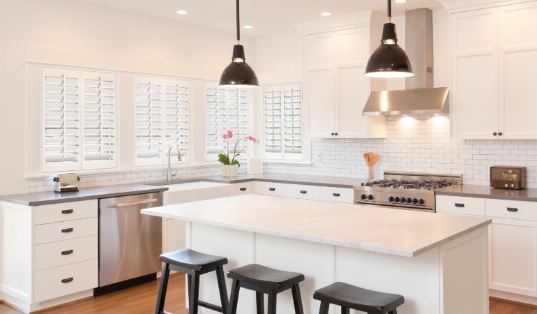 Plantation shutters in a bright St. George kitchen.